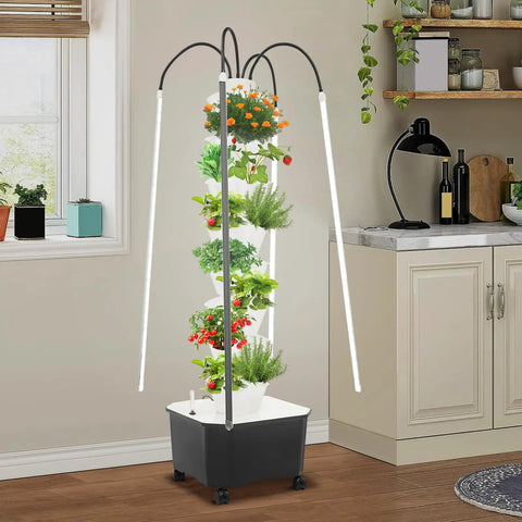 40 Pod Smart Indoor Hydroponic Garden Tower With Full Spectrum LED Grow Light And Recirculating Water System For Fast, Fresh, Homegrown Herbs And Veggies, Easy Germination Kit Included, White in a kitchen setting