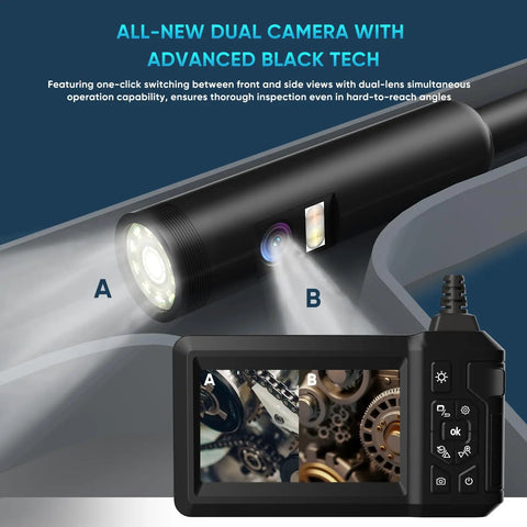 Dual Lens 1080P HD Industrial Endoscope Borescope With Light IP67 Waterproof Snake Camera close-up dual lens view in action.