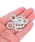 Stainless Steel Door Knob Flat Washers Kit 100pcs for Loose Knob and Spindle Repair, Quiet Operation, Easy Install, Universal Fit for Home Reno Projects and Residential Doors, silver washers in hand