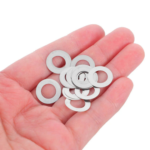 Stainless Steel Door Knob Flat Washers Kit 100pcs for Loose Knob and Spindle Repair, Quiet Operation, Easy Install, Universal Fit for Home Reno Projects and Residential Doors, silver washers in hand