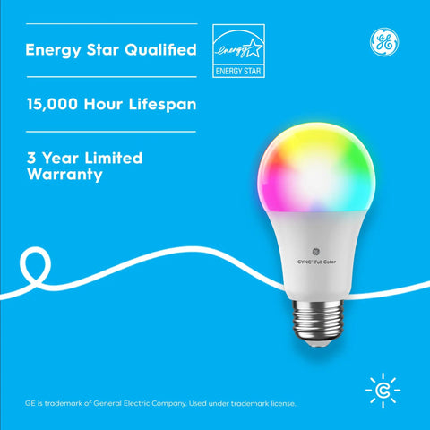 Smart A21 LED Light Bulbs With Color Changing Ambience Mood Vibe Bluetooth And WiFi Control 100W Equivalent image on blue background