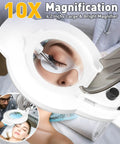 10X magnification view of the 2 In 1 Lighted Magnifier With Stand And 5 Wheel Rolling Base, 2200 Lumens Dimmable Magnifying Floor Lamp For Estheticians And Beauty Pros, Crafts, Reading, And Facial Care, Portable Magnifier Lamp With Adjustable Brightness For Detail Work in use for eyelash application.