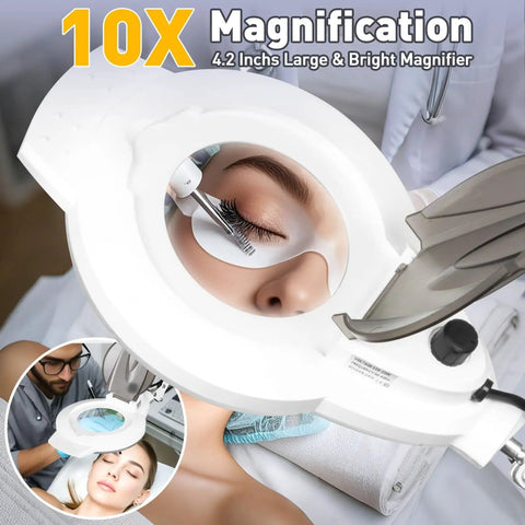 10X magnification view of the 2 In 1 Lighted Magnifier With Stand And 5 Wheel Rolling Base, 2200 Lumens Dimmable Magnifying Floor Lamp For Estheticians And Beauty Pros, Crafts, Reading, And Facial Care, Portable Magnifier Lamp With Adjustable Brightness For Detail Work in use for eyelash application.