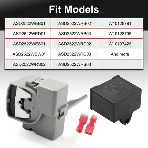 Refrigerator Start Device Relay And Run Capacitor Kit For Whirlpool Kenmore Models shown with relay and capacitor components.
