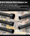 5 In 1 Miter Saw Dust Collection Adapter And Vacuum Hose Connector Pro Grade Upgrade For DWS709 DW718 DWS779 DWS780 DWS782 DHS790 showcasing five adapters with size labels.