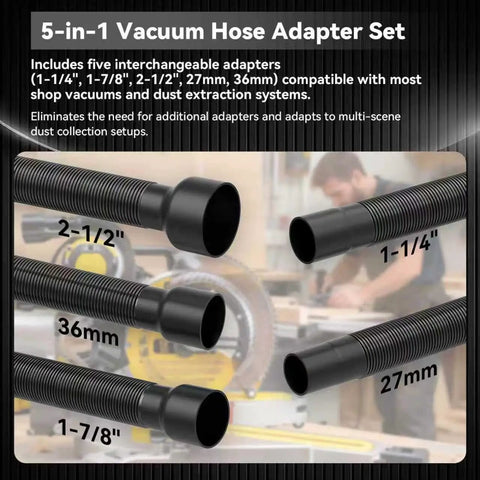 5 In 1 Miter Saw Dust Collection Adapter And Vacuum Hose Connector Pro Grade Upgrade For DWS709 DW718 DWS779 DWS780 DWS782 DHS790 showcasing five adapters with size labels.