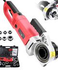Heavy Duty Electric Pipe Threader Kit Featuring Six Precision Dies Spanning Half To Two Inches Alongside A Tough Carry Case And Extra Carbon Brushes To Crush Gritty Plumbing Projects Zero Sweat, with tool and dies displayed.