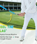 Person using Golf Swing Trainer Rope With Molded Grip For Beginners Hand Position Corrector And Tempo Rhythm Coach For Indoor Practice Rope With Soft Safety Head Blue outdoors.