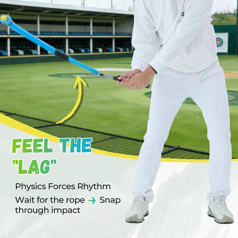 Person using Golf Swing Trainer Rope With Molded Grip For Beginners Hand Position Corrector And Tempo Rhythm Coach For Indoor Practice Rope With Soft Safety Head Blue outdoors.