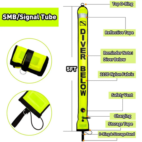 Five-Foot Scuba Surface Marker Buoy With Safety Sausage, high visibility yellow, labeled features: D-ring, reflective tape, and vent.