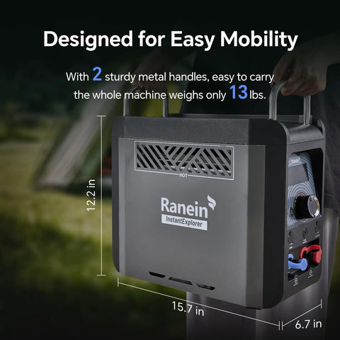 Go To Portable Propane Water Heater For Camping With On Demand Outdoor Hot Shower, Rechargeable 4000mAh Battery, side view showing handles