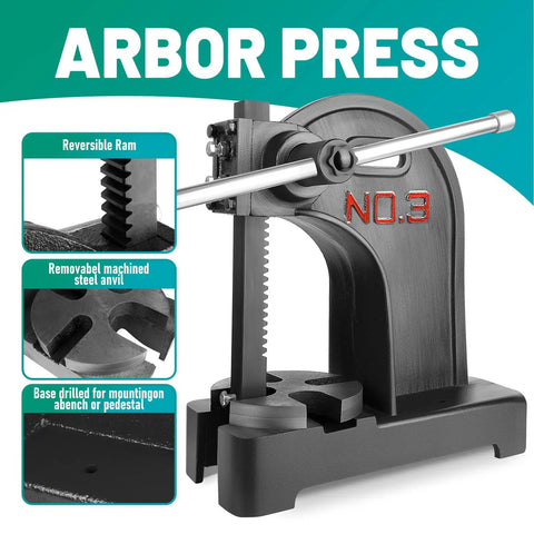 Premium Cast Iron 3 Ton Manual Arbor Press Built For Stamping Bending And Quick Assembly Tasks with reversible ram and steel anvil.