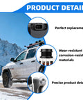 Close-up of automotive parts with details, featuring alternator components and a truck in the background on a snowy road.