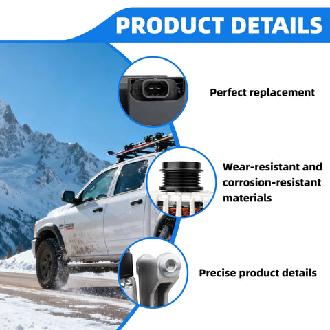 Close-up of automotive parts with details, featuring alternator components and a truck in the background on a snowy road.