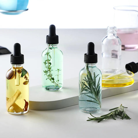 No Sweat Bundle Of Four 2 Oz Clear Glass Eye Dropper Bottles With Tight Black Lids And Leak Proof Seal Comes With A Smart Steel Pouring Funnel Plus Clean Adhesive Tags Totally Straight Up For Essential Oils