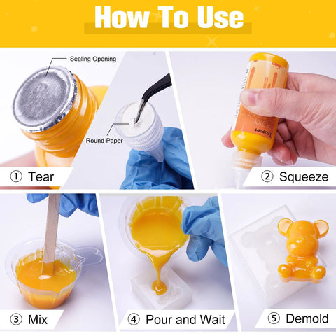 Teexpert epoxy resin pigment paste set, 6 colors, 10.15oz; step-by-step resin coloring demo with yellow pigment.