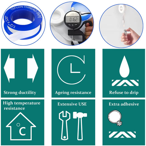 PTFE Pipe Sealant Tape 5.5 Mil Thick Waterproof Thread Sealant For Plumbing Fittings White Handles Extreme Temps From Minus 212 To 500 Degree Fahrenheit Half Inch By 520 Inch Roll showing features like ductility and temperature resistance.