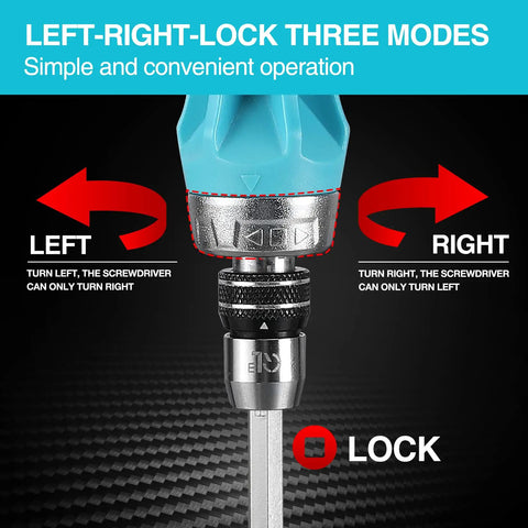 Ratcheting Screwdriver 12-In-1 Kit With Quick-Load Bits showing left-right-lock ratchet modes in blue handle, high torque.