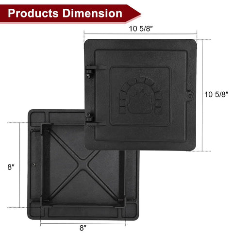 Tough As Nails Cast Iron Fireplace Chimney Cleanout Door 8 By 8 Inch Ash Dump Cover with flame motif dimensions shown.