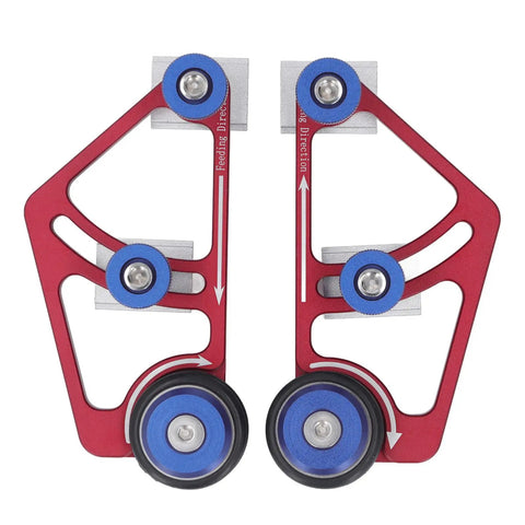 Knock Out Clean Cuts With This Heavy Duty Aluminum Bearing Roller Feeder Jig For Table Saws And Band Saws Featuring Dual Precision Rollers And Fast Tweaks For Serious Woodworking Jobs shown from above with blue rollers and red frame.