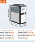 Heavy Duty Industrial Water Chiller Featuring Rapid Air Cooled Setup And Slick Temperature Regulation With Six Horsepower Auto Pump And Stainless Steel Reservoir Tank, side view with specifications