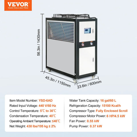 Heavy Duty Industrial Water Chiller Featuring Rapid Air Cooled Setup And Slick Temperature Regulation With Six Horsepower Auto Pump And Stainless Steel Reservoir Tank, side view with specifications