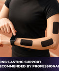 Person with adhesive tape patches on arm, black shirt, shown outdoors with text overlay: Long-lasting support recommended by professionals.