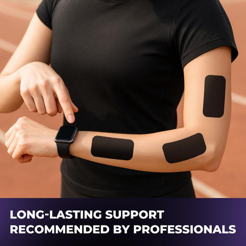 Person with adhesive tape patches on arm, black shirt, shown outdoors with text overlay: Long-lasting support recommended by professionals.