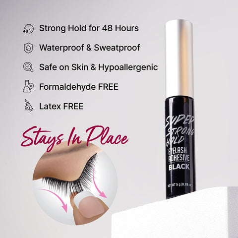 Super Strong Lash Glue For Strip Lashes With Brush-On Applicator, Waterproof 48-Hour Hold, Quick-Drying Formula, Black Tube
