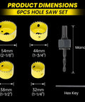 REKCKRUL 6-piece hole saw kit with yellow saws (54–32 mm), mandrels and hex key, front view