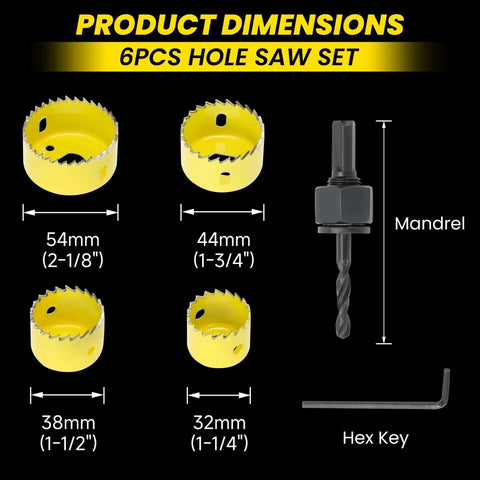 REKCKRUL 6-piece hole saw kit with yellow saws (54–32 mm), mandrels and hex key, front view