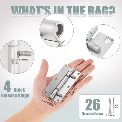 4 Inch Quick Release Hinges Set With Detachable Spring Mechanism Pro Grade Stainless Steel 304 includes 4 hinges and 26 screws.