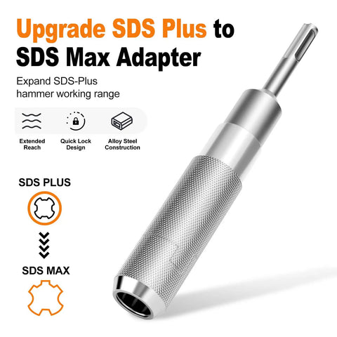 Heavy-Duty SDS Plus To SDS Max Adapter, alloy steel construction, quick lock design for rotary hammer drills.