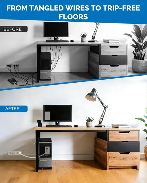 Before and after of desk setup showing In Wall Cable Management Kit With Recessed Outlet Box and Dual Outlet Extender for wall mounted TV.