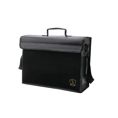 Black padded bag from Fireproof Document And Money Bag Set, with sleek design, handle, and wrap around zipper, for safe storage.