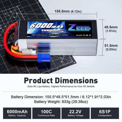 6S Lipo Battery 6000mAh 22.2V 100C EC5 Soft Pack RC Battery product dimensions with connectors visible