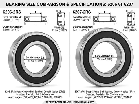 Bearing size comparison showing specifications for 6206-2RS and 6207-2RS with bore diameters and designs.