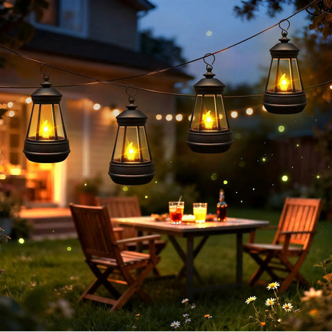 Two Pack Mini Solar Lantern Replacement Parts For Outdoor Statue Lights illuminating a garden with warm white LEDs at night.