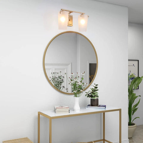 Gold Bathroom Vanity Light Fixture Dope 2 Light Modern Bath Lighting With White Frosted Glass Shades Deep Gold Finish above round mirror