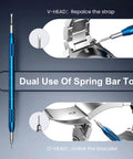 Watch Repair Tool Kit For Battery Replacement, Strap Adjustment, Link Pin Remover, showing blue dual-use spring bar tool.