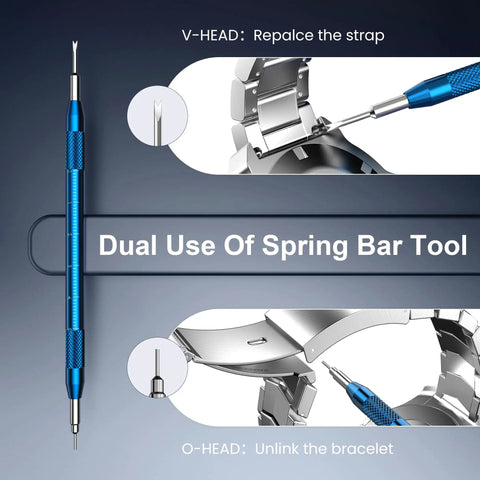 Watch Repair Tool Kit For Battery Replacement, Strap Adjustment, Link Pin Remover, showing blue dual-use spring bar tool.