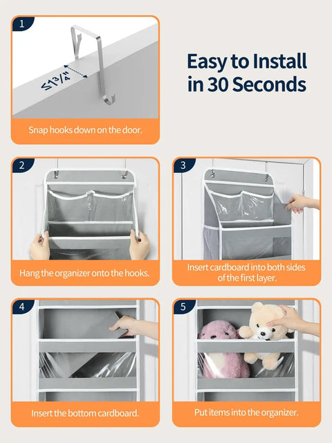 Five Tier Over The Door Organizer With Clear PVC Windows For Stuffed Animals And Everyday Storage Must Have For Bedroom Nursery Closet Dorm Laundry Pantry And Bathroom Grey installation guide