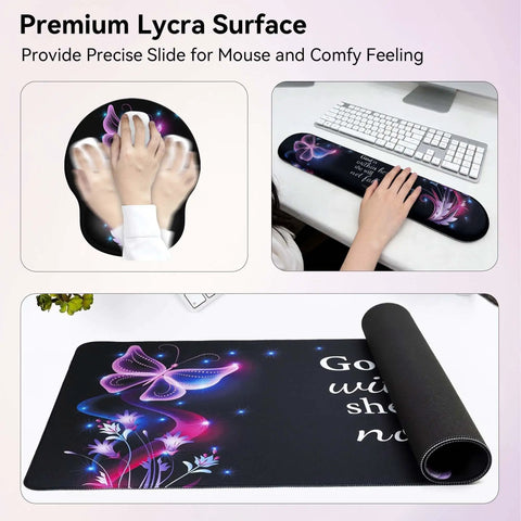 4 In 1 Desk Mat Set With Keyboard And Mouse Pad And Wrist Rest Large Computer Desk Pad For Home Office Purple Butterflies Design