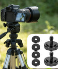 Two Pack Thumb Screw Camera Quick Release Adapter 1/4-20 Female To Male Thumbscrew with Rubber Pads and Anti Slip Washers next to mounted camera
