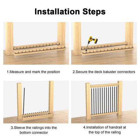 Installation steps for No Sweat Setup 100 Pack 26 Inch Round Aluminum Deck Balusters, showing guide for mounting and securing.
