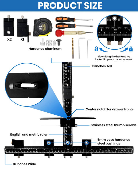 Aluminum Alloy Cabinet Hardware Jig Tool Set With Automatic Center Punch 14 Piece Adjustable Drill Guide For Cabinet Installing Drawer Knobs Door Pulls Durable Corrosion Resistant Cabinet Making DIY Kit with ruler and tools displayed.