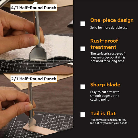 Using 14 Size Leather Corner Punch Set with Half Round Punches and Leather End Punch Kit, double-sided nylon hammer visible