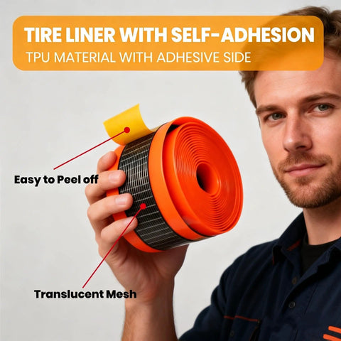 Person holding Two Pack Bike Tire Liners With 1.3mm TPU Puncture Protection, highlighting adhesive surface and translucent mesh.