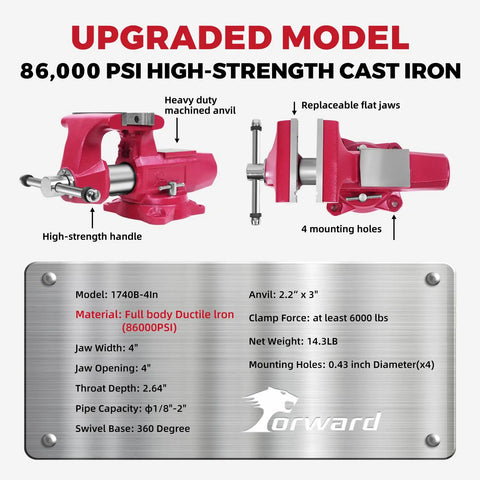 Industrial Bench Vise 4 Inch Jaw Width With 360 Degree Swivel Base Machined Round Guide Bar 86,000 PSI Ductile Iron specifications