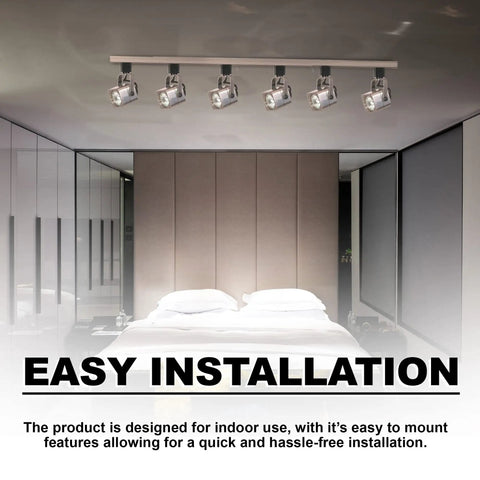 Six Pack Track Lighting Heads in Brushed Nickel with GU10 Sockets installed on bedroom ceiling, modern home lighting
